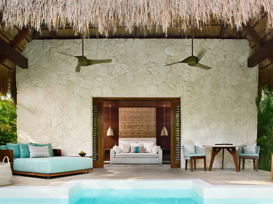 A thatched-roof suite and private pool with jungle up to the door