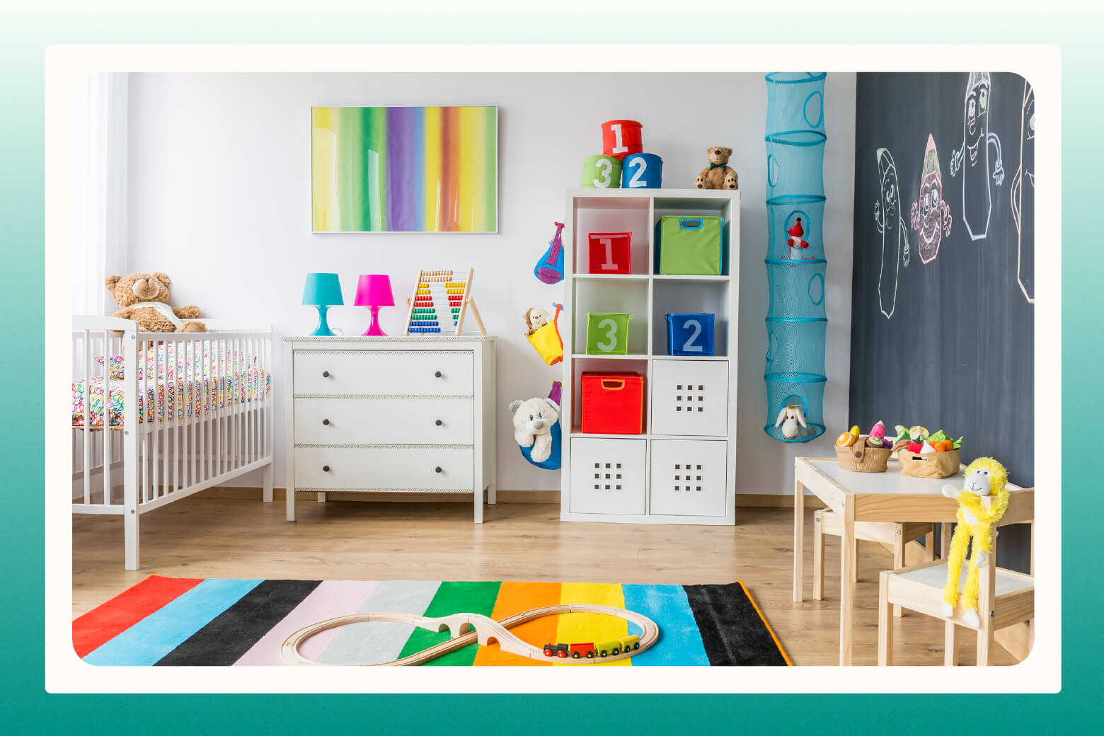 Playful baby's nursery with bright pops of color throughout