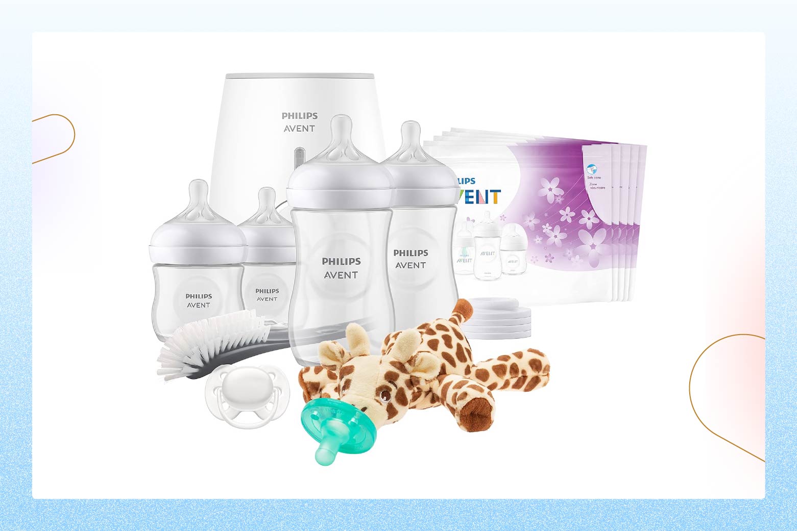 Product photo of Philips Avent Baby Bottle Gift Set with four baby bottles, bottle warmer, bottle brush, giraffe plush toy and other accessories