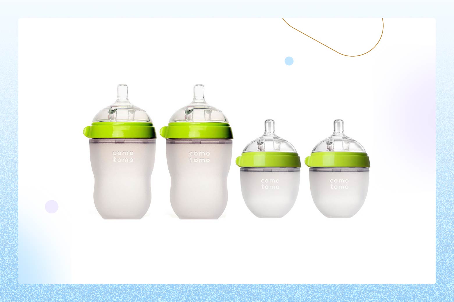 Product photo of four Comotomo Baby Bottles, two 5 ounce bottles and two 8 ounce bottles