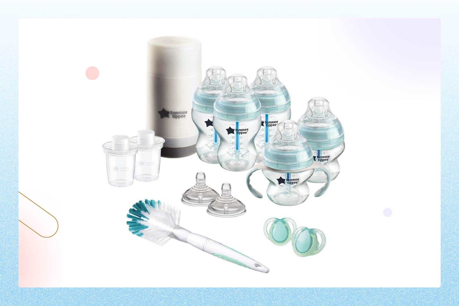 Product photo of the Tommee Tippee Baby Bottle Gift Set, with five bottles, a bottle warmer, bottle brush, and other accessories
