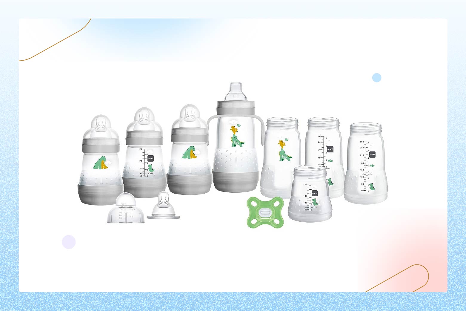 Product photo of eight MAM Grow with Baby Anti-Colic Baby Bottles, with accessories