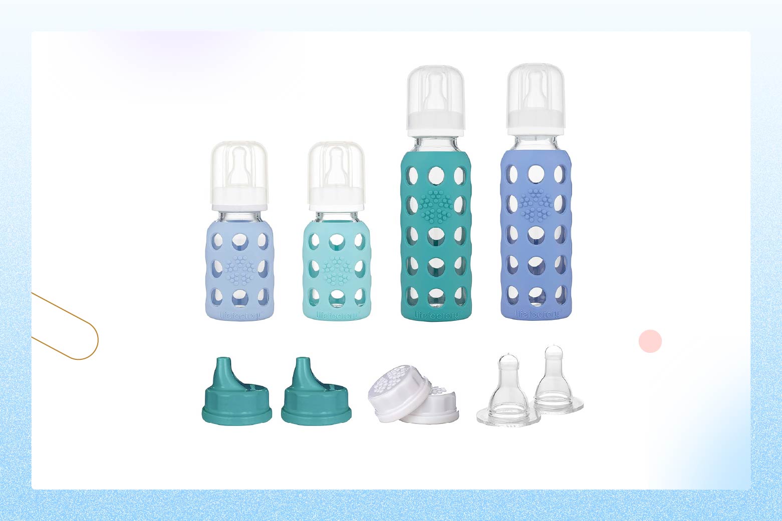 Product photo of the Lifefactory Baby Glass Bottle Starter Kit, with four bottles in two sizes and multiple accessories
