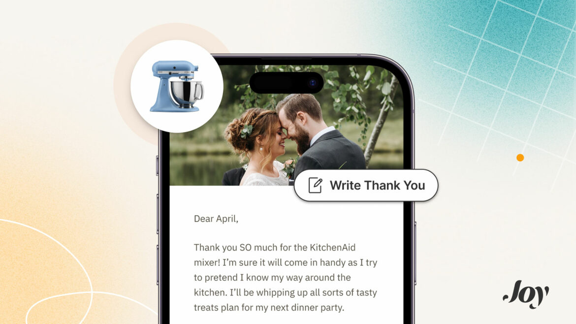 Joy Thank You Note Manager Mobile phone example with an inset picture of a KitchenAid mixer