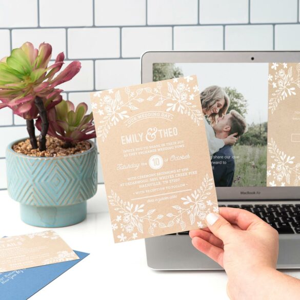 A hand holding up Joy's Rustic Floral wedding invitation in front of a laptop screen with a matching wedding website