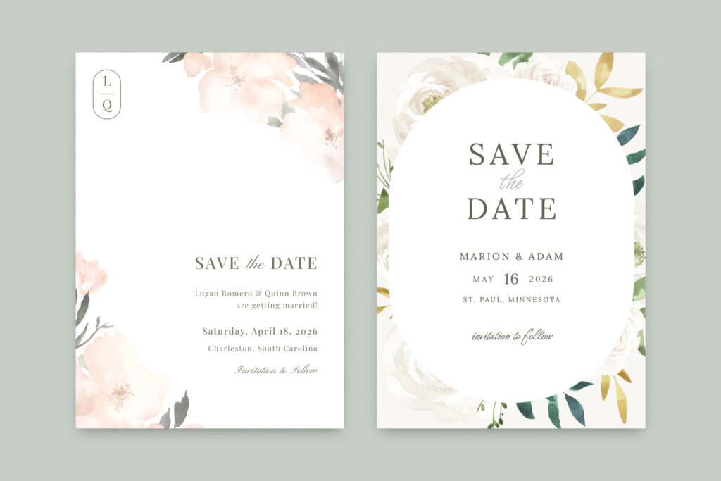 Floral save the dates with pale pink and white flowers at the corners