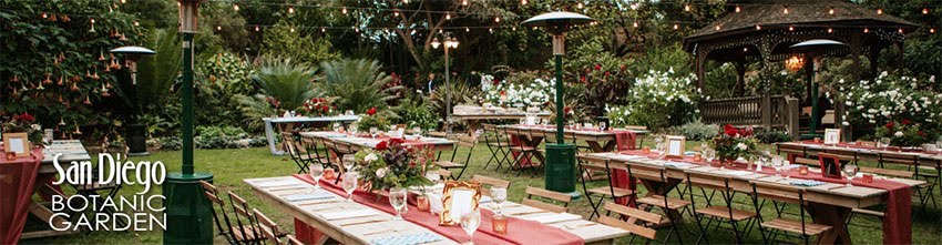 wedding reception setup a the san diego botanic garden surrounded by greenery