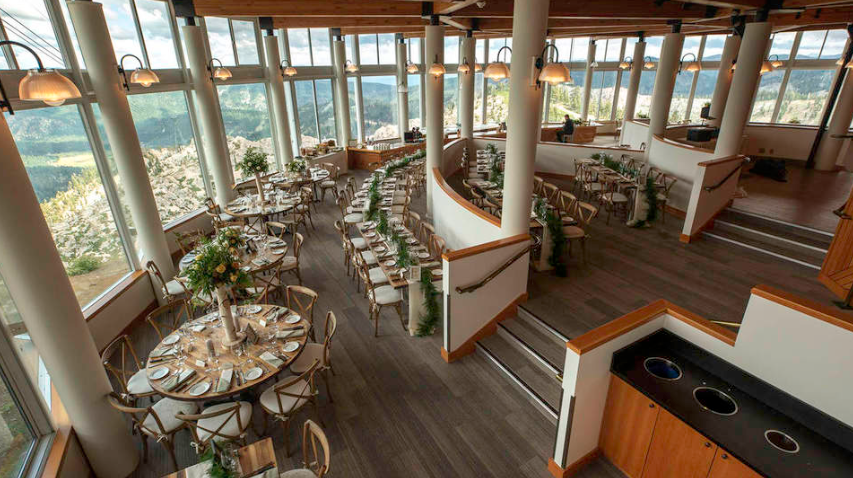 wedding reception tables set up in the terrace room at high camp at squaw valley alpine meadows