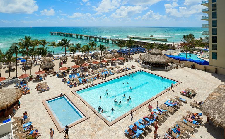 aerial view of the pool and beach at the Newport Beachside Hotel & Resort wedding venue in miami