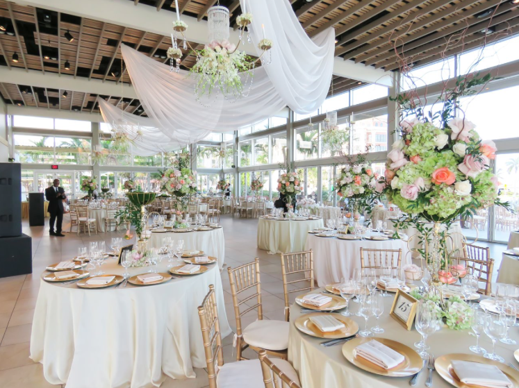 interior of West Palm Beach Lake Pavilion wedding venue set for a wedding reception in miami