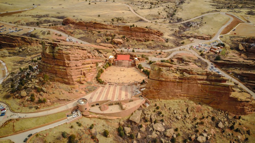 aerial view of red rocks amphitheater and a best place to propose in denver