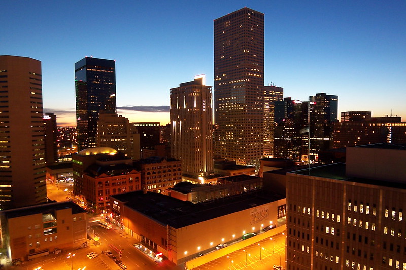 view of city skyline from peaks lounge and a best place to propose in denver