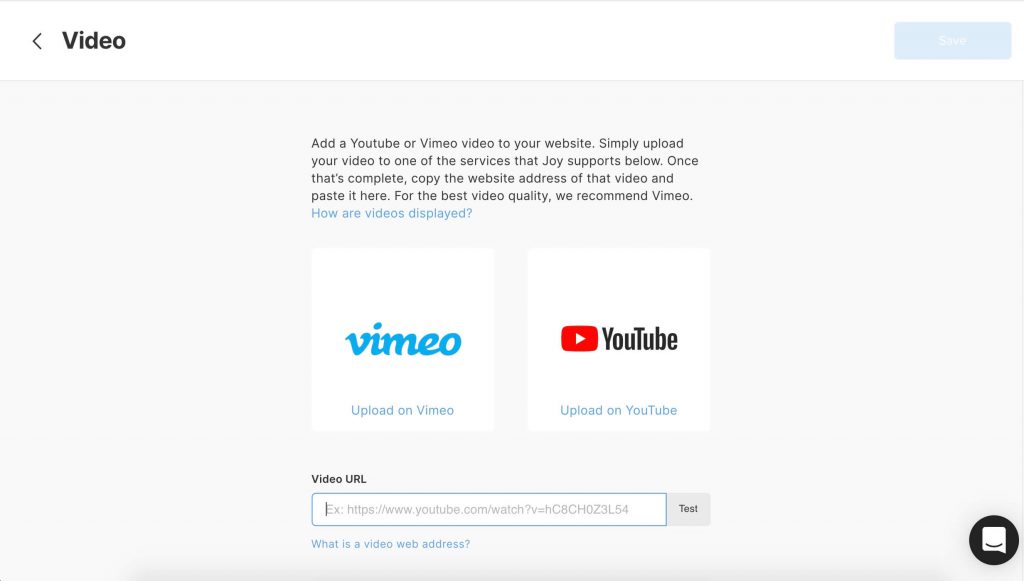 Video page showing Youtube and Vimeo options to livestream
