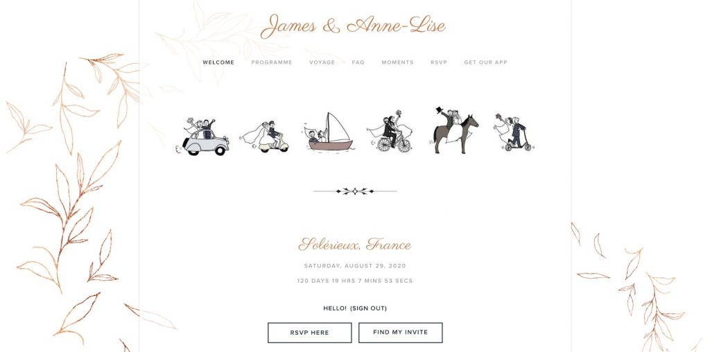 artistic wedding website example with drawings