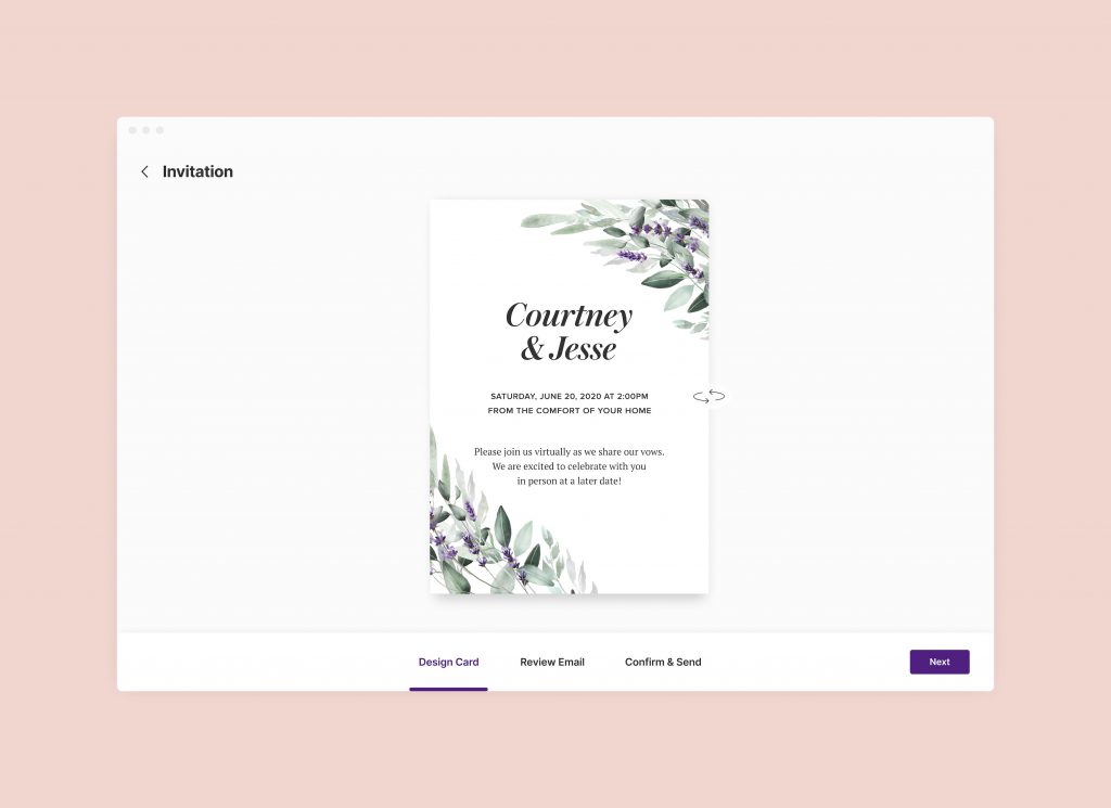 Image of wedding invitation e-card with wedding live stream information