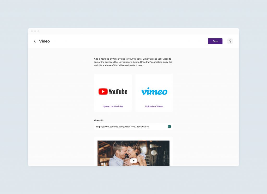 Image of Joy wedding website video integrations