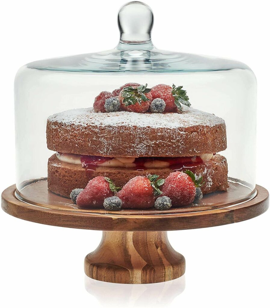 Libbey Acaciawood Footed Round Wood Server Cake Stand with Glass Dome best serveware for wedding registry