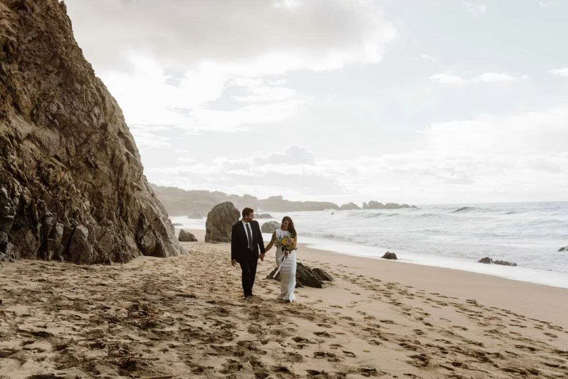 couple walking on beach wedding photo