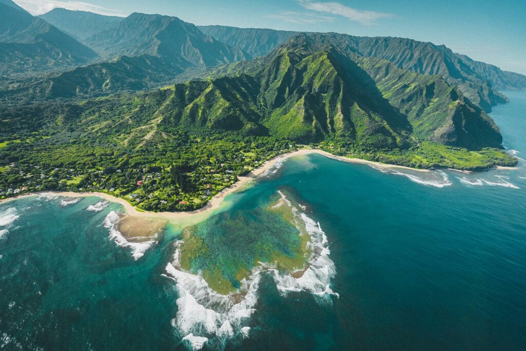 An aerial view of the coast of Kauai