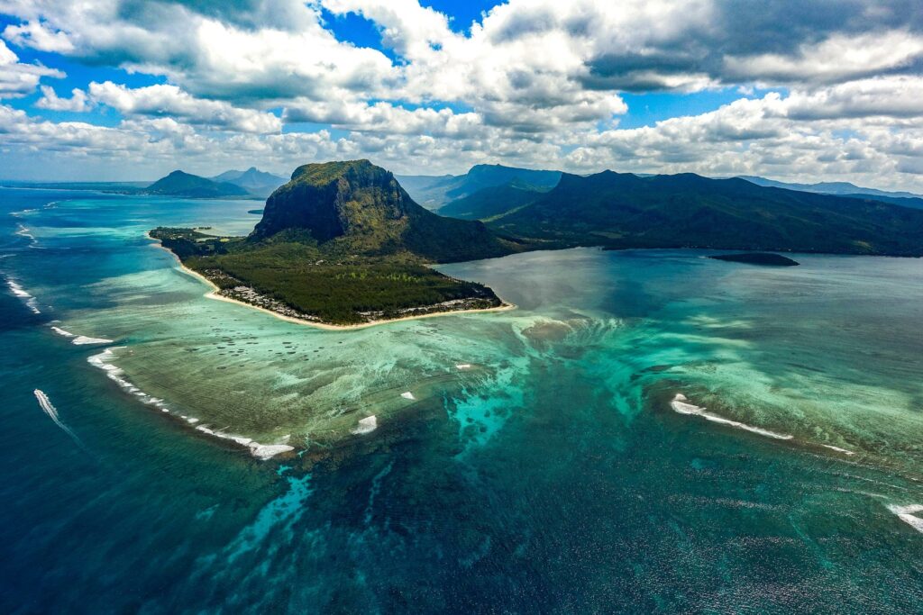 An aerial view of the island of Mauritius