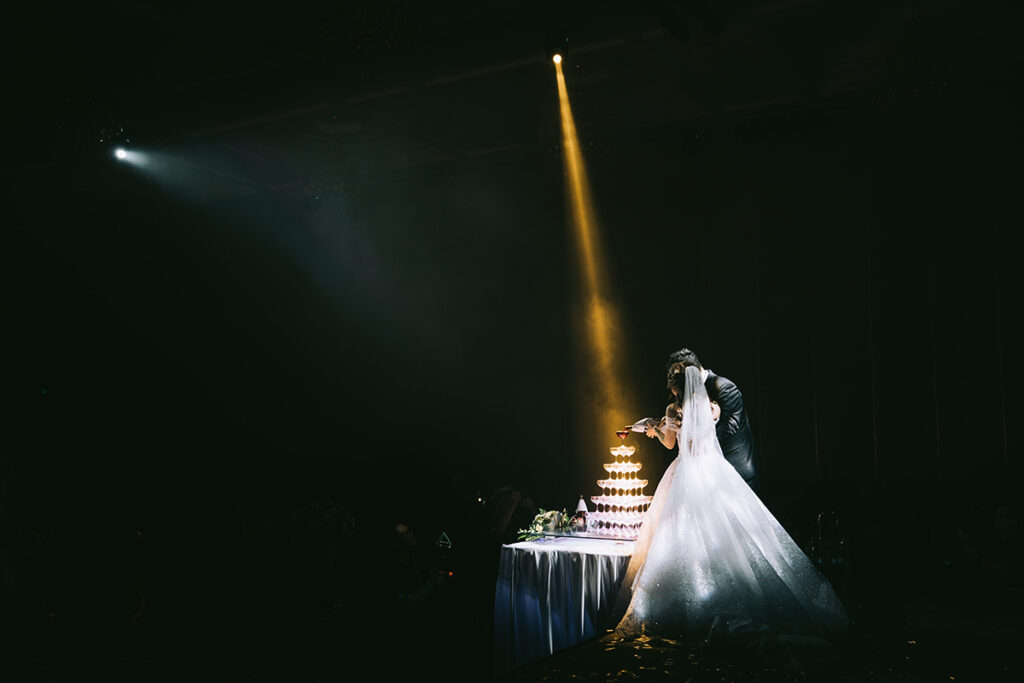 Wedding couple with spotlight illuminating champagne toast and cake