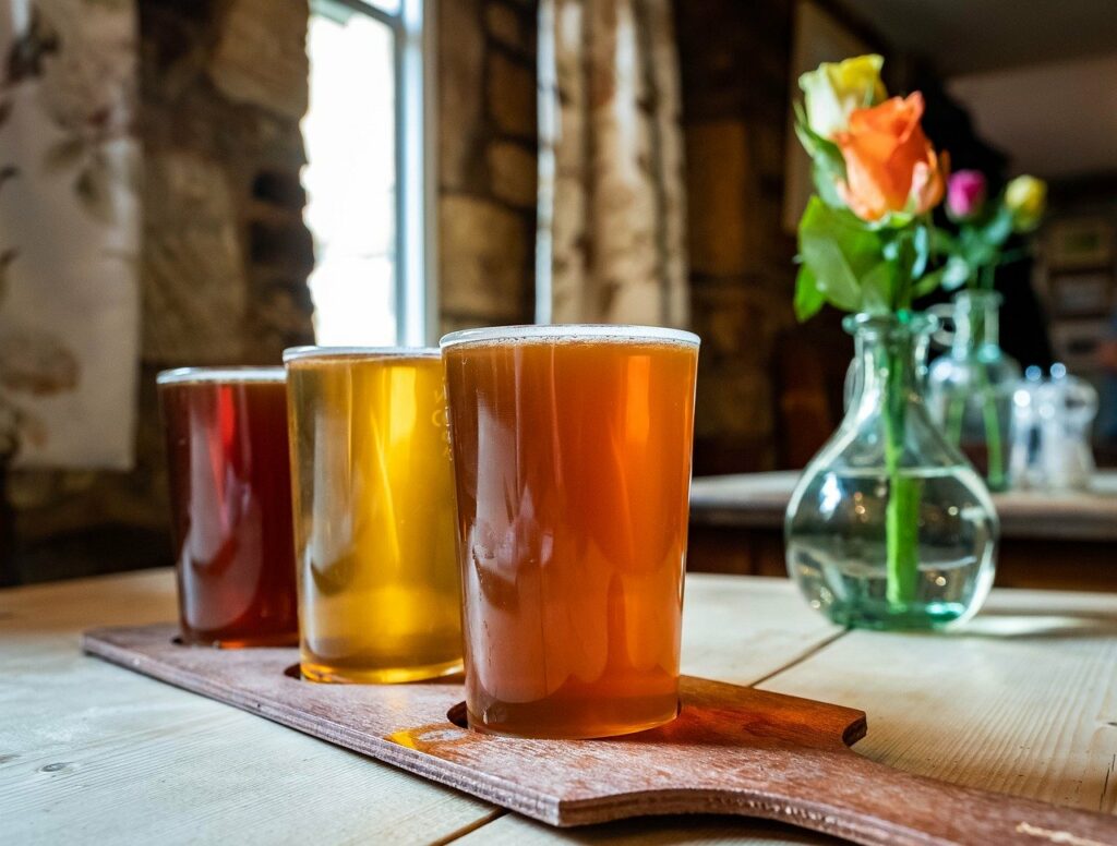 Three tasting glasses of beer on a wood board with flowers