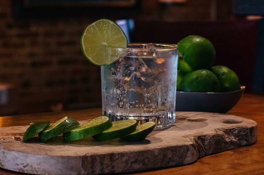 gin and tonic on wood board