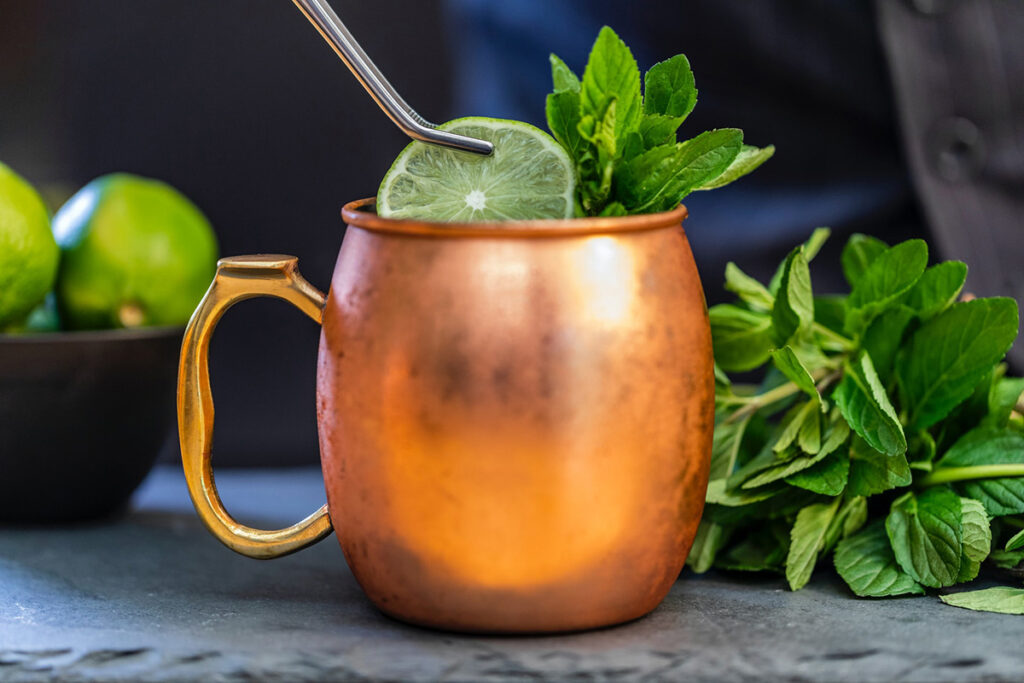 Moscow Mule in a copper mug with lime and mint