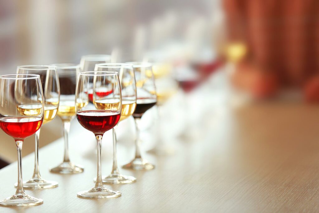 Row of wine glasses on a counter