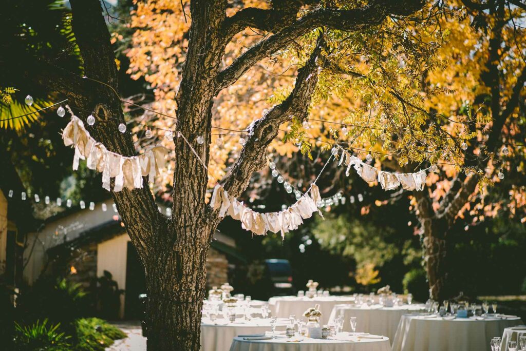 Lights are strung up at a backyard wedding between two trees above cocktail tables