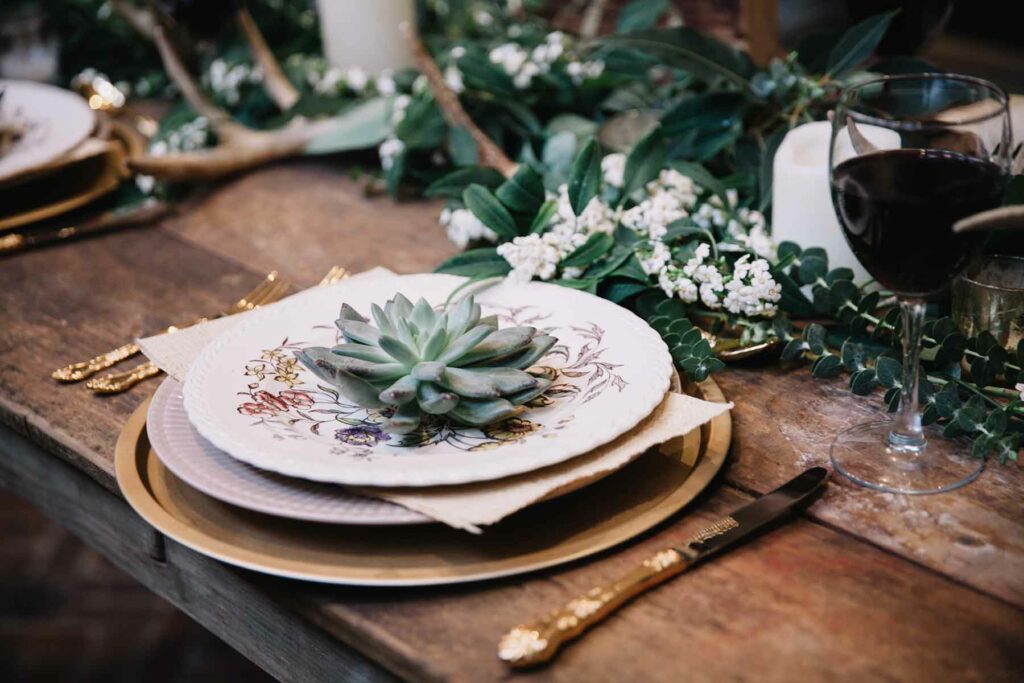 A single succulent adds rustic appeal to a wedding tabletop