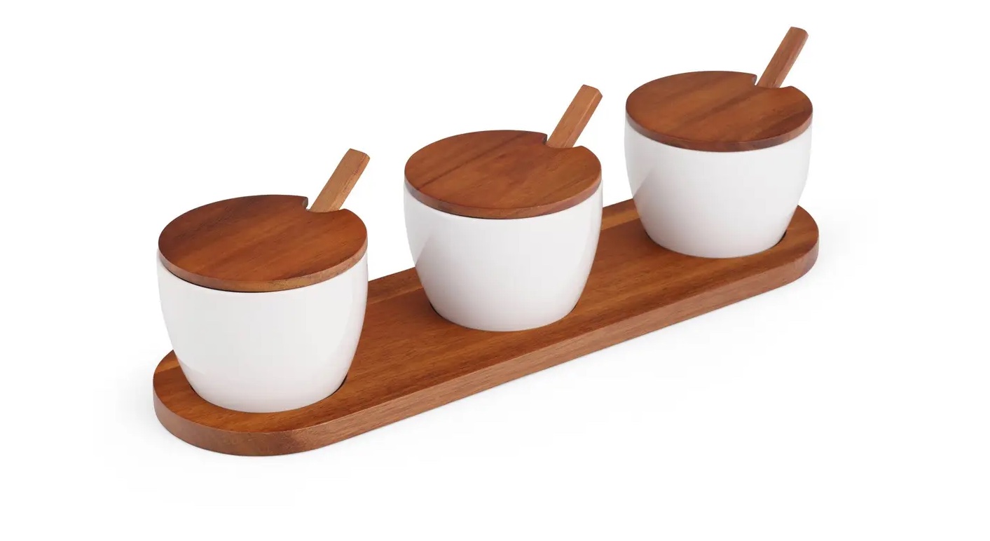 Nambe Duets Triple Condiment Server with Lids & Spoons