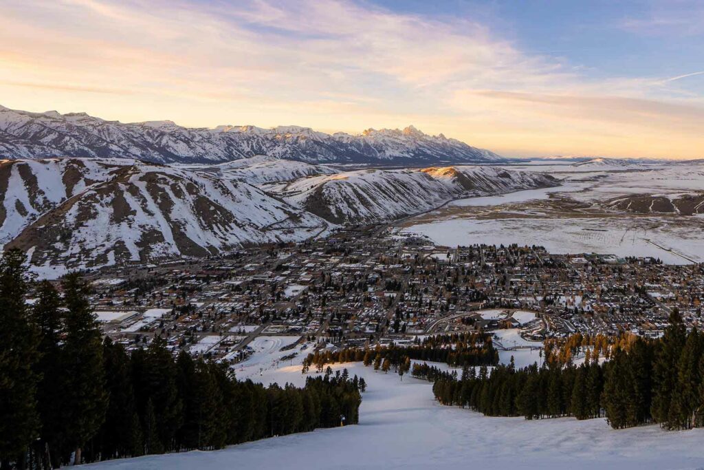An aerial view of Jackson Hole, Wyoming, in winter