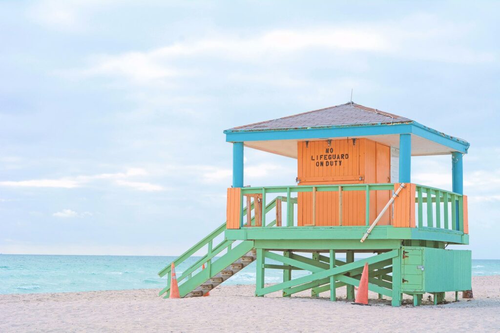 Art Deco-style Miami lifeguard stand on the beach
