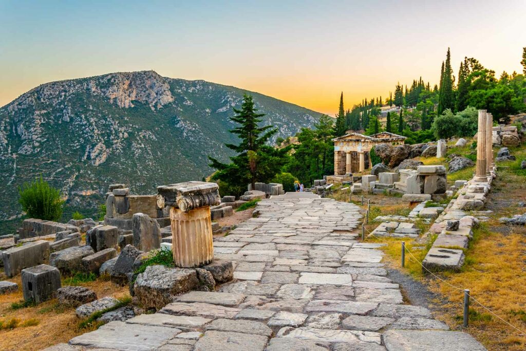 Sunset view of the ancient Delphi in Greece