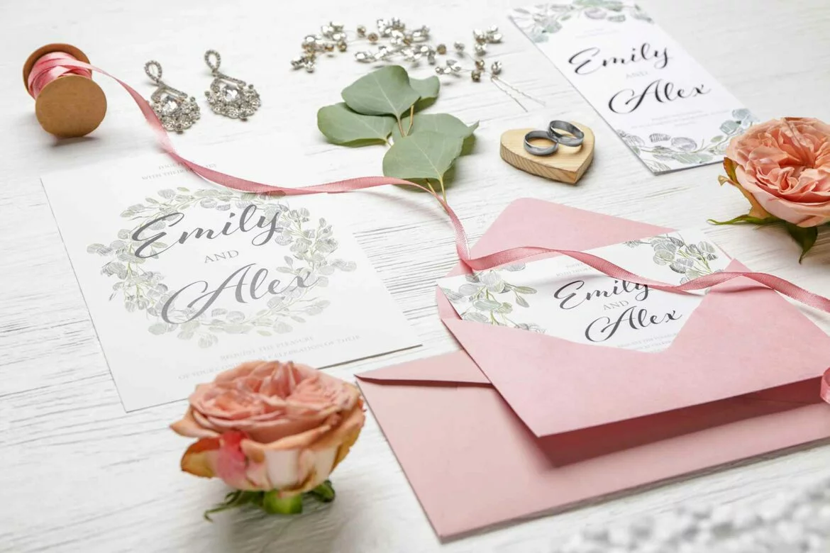 Personalized wedding invitation suite with dried flowers and ribbon