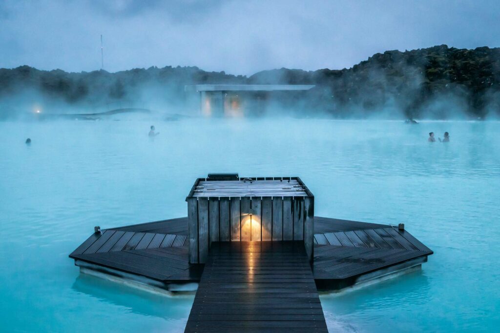 A steamy view of the Blue Lagoon during a honeymoon in Iceland