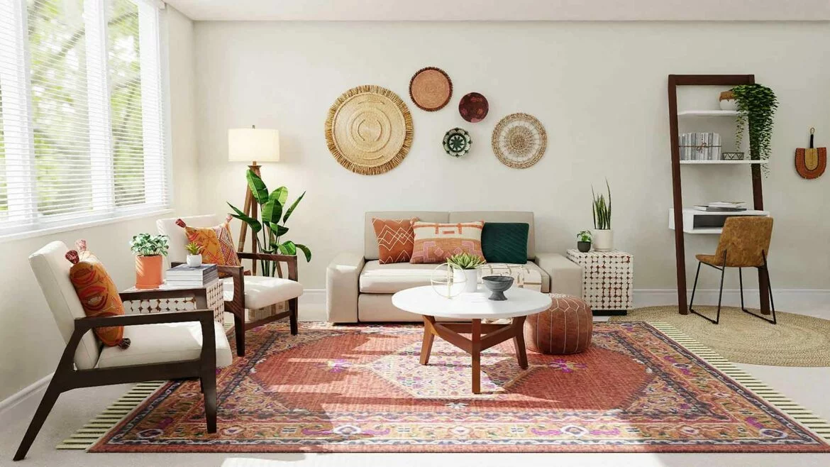 A boho living room with home decor items including a red and blue rug, white accent chairs, and a few potted plants