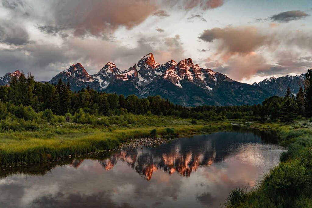 A distant view of Grand Teton National Park in Jackson Hole, Wyoming