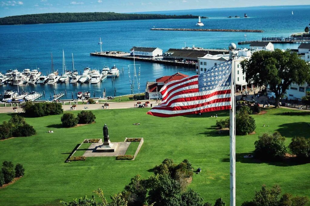 An aerial view of an American flag on Mackinac Island in Michigan