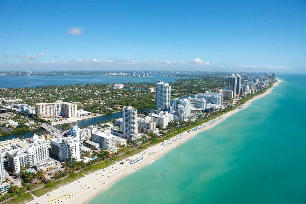 An aerial view of the cityscape and coastline of Miami Beach, Florida 