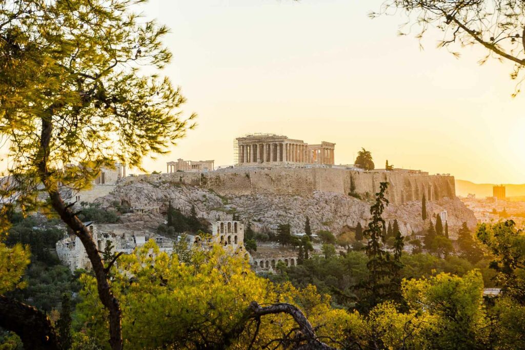 A view of the Acropolis in Athens, Greece, at sunset