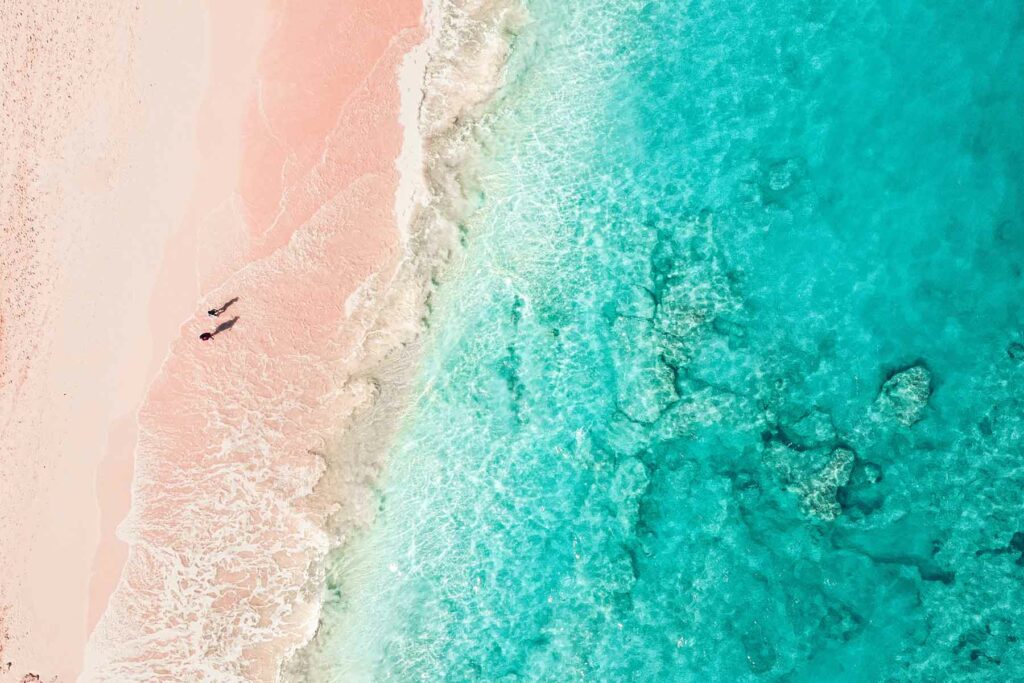 An aerial view of the pink sand and turquoise waters at Elbow Beach in Bermuda