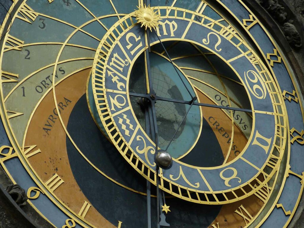 A close-up view of the medieval astronomical clock in Prague, Czech Republic
