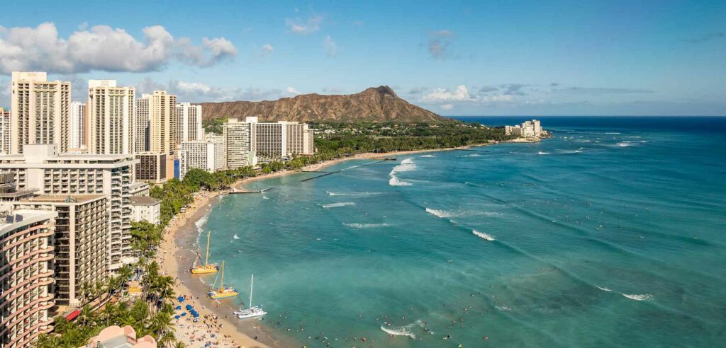 An aerial view of the coastline along Waikiki, Hawaii