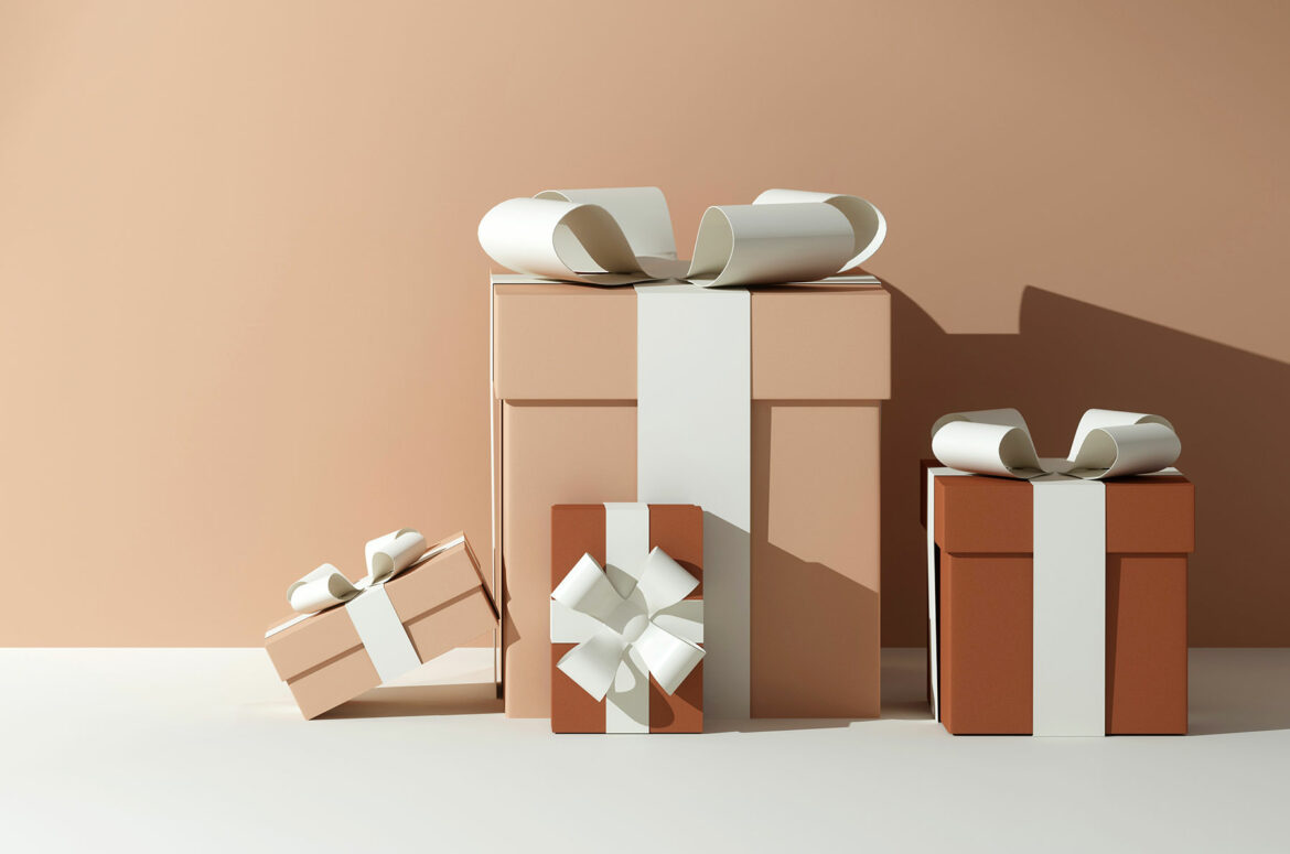 Four wedding registry gifts of different sizes resting on a counter