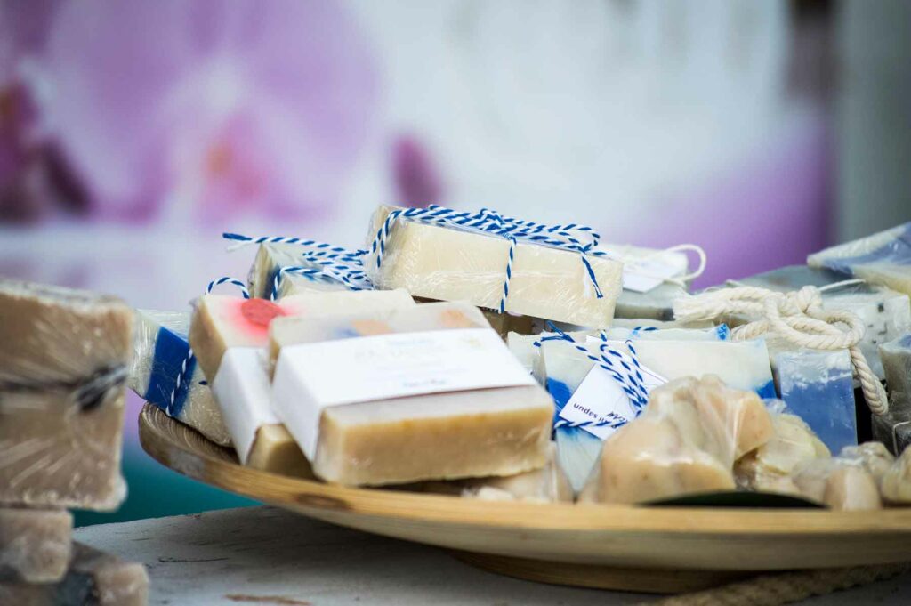 Homemade bars of soap decorated with custom paper and twine