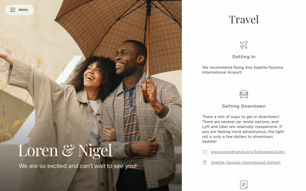 A wedding website travel page with tips for getting to the wedding, suggesting guests fly into Seattle-Tacoma International Airport and get downtown using rideshare services.