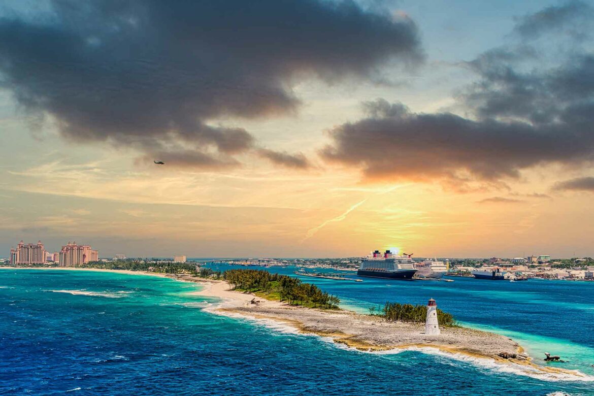 An aerial shot of the Nassau Harbour Lighthouse during sunset