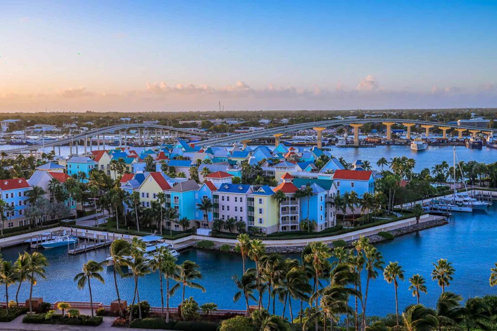 Colorful pastel buildings on Paradise Island, a popular Bahamas destination wedding locale